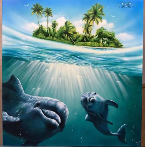 Дельфины - картина аэрографом